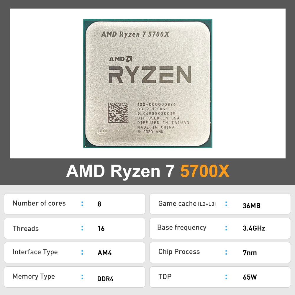 AMD New Ryzen 7 5700X R7 5700X 3.4GHz 8 Core 16 Thread CPU Processor 7NM L3=32M Socket AMD AM4 Gaming processor processor
