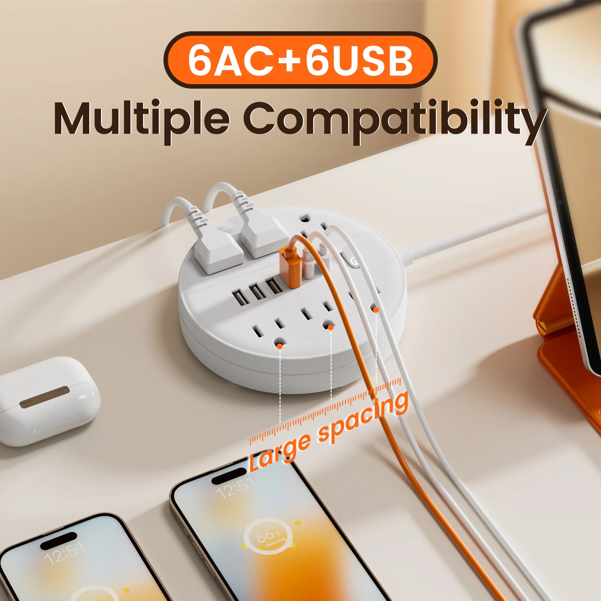 US Power strip Surge protection and control switches. 6 AC outlets and 6 USB ports (2 TYPE-C ports) 5 ft/10 ft cord optional