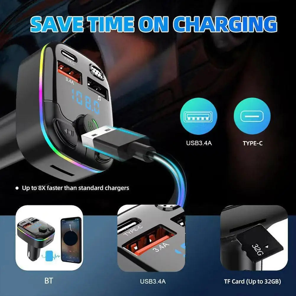 Car Charger FM Transmitter Bluetooth 5.0 PD Type-C Dual USB Ambient Player Handsfree MP3 Charger Type-C Wireless Light