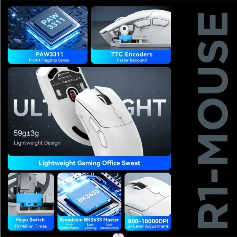 Attack Shark 18000dpi Bluetooth Mouse, 1000Hz,PAW3311,Tri-mode Connection, R1 Macro Gaming Mouse