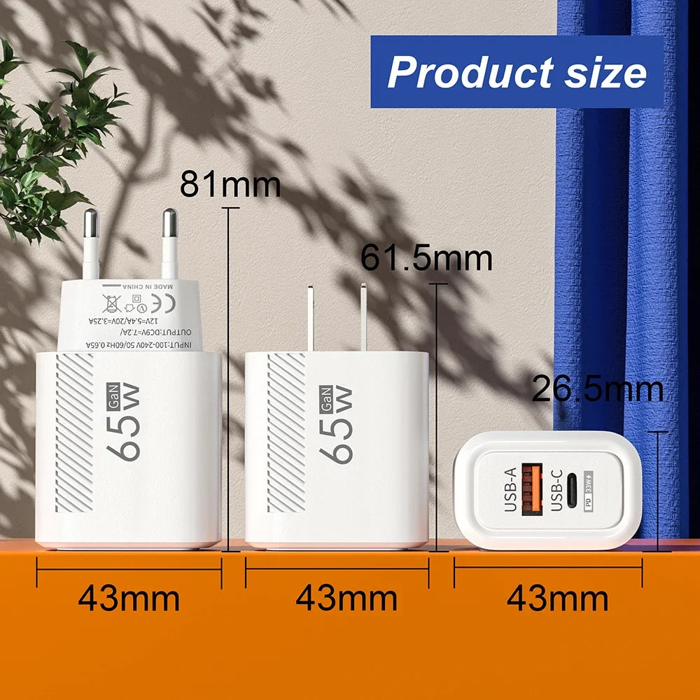 USB C GAN Charger Total 65W Fast Charging PD Type C Quick Charge High Speed ​​Mobile Phone Adapter For iPhone 15 14 Xiaomi Samsung