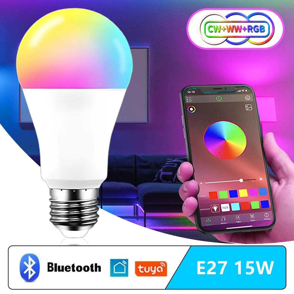 15W E27 Tuya LED Bulb Smart Life APP Control Dimmable RGB Color Ampoule LED Light Bulb Work with Home Bedroom AC 85- ​​265V