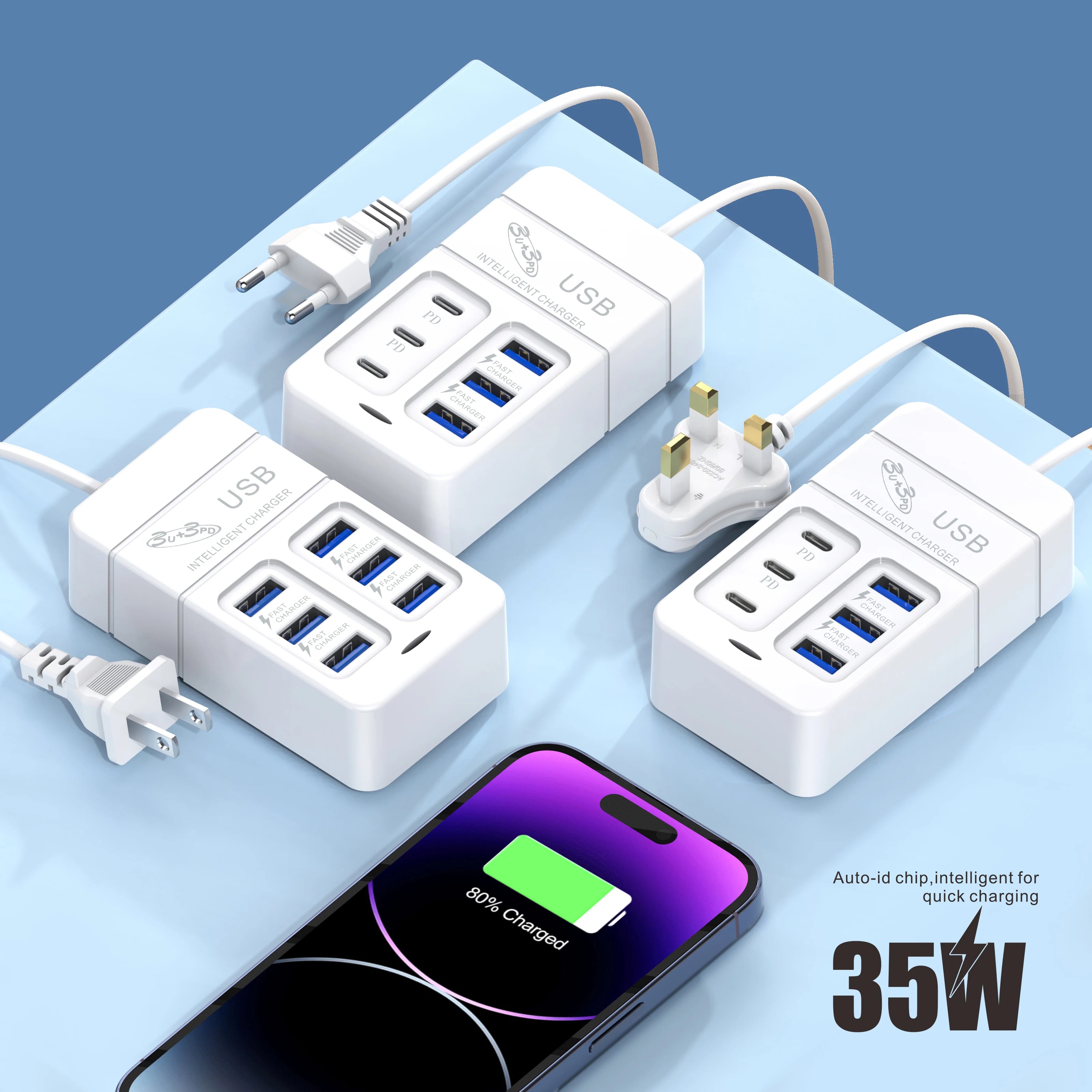 6-in-1 Surge Protector 6-Outlet Extender with 3 USB &amp; 3 Type C Ports Power Strip Multi Plug Outlets Wall Adapter Spaced for Home