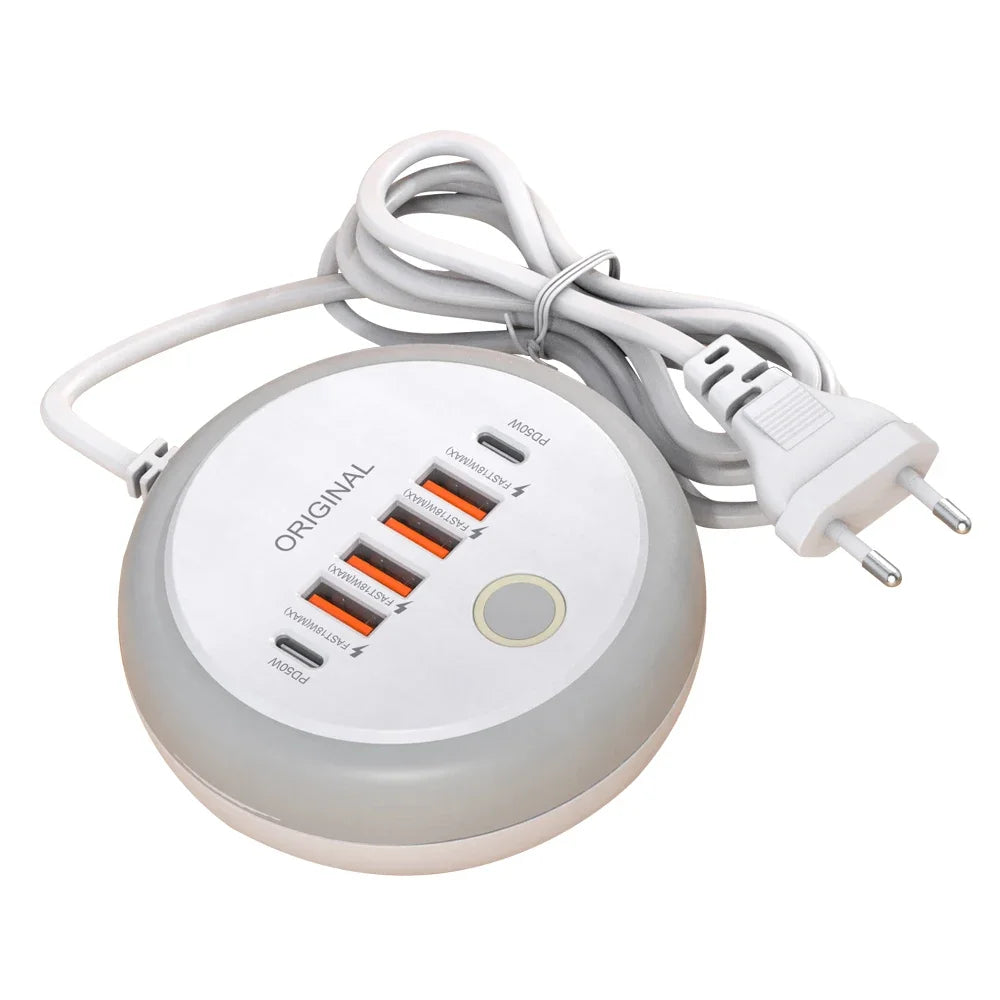 PD 50W Multi Port Charger Type C Fast Charging EU US Plug Wall Charger 6 Port USB Quick Phone Charger With Touch LED/ Fill Light