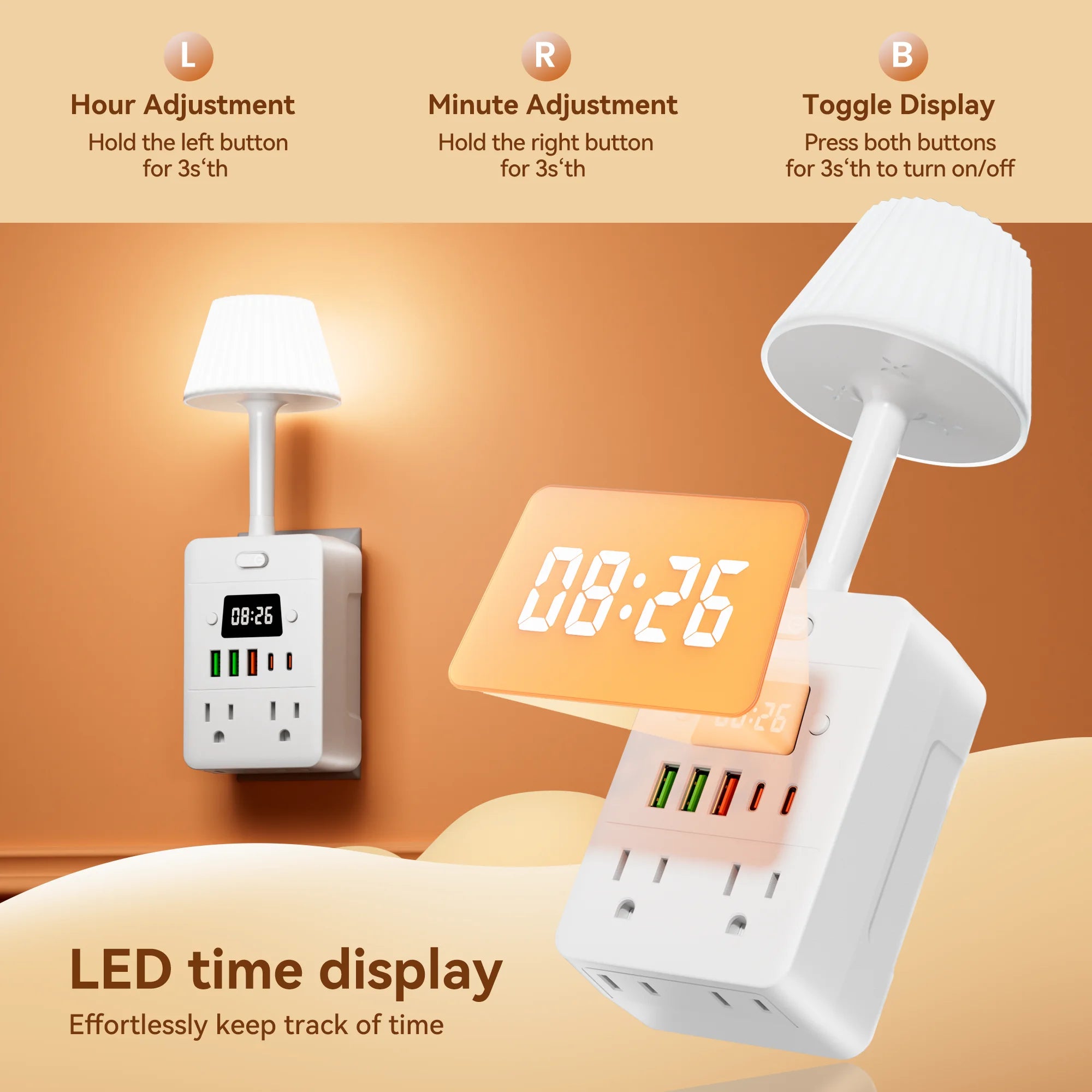 Standard Power Strip Extender with 1 Digital Display Clock, 1 Desk Lamp, 4 AC Outlets, 3 USB &amp; 2 Type-C Ports. Power Socket