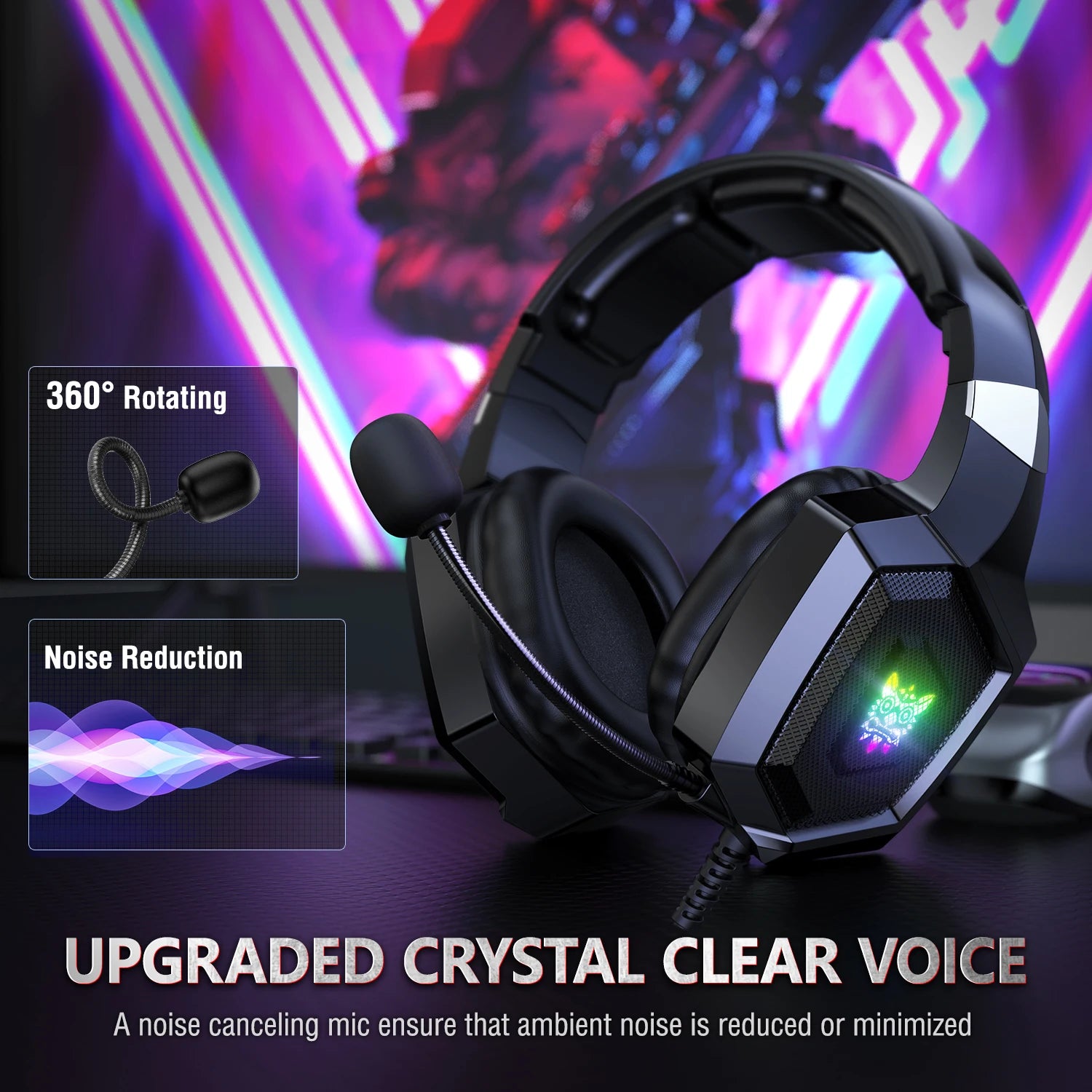 ONIKUMA K8 Wired Gaming Headphones with Flexible HD Mic RGB Lighting Effect Over-Ear Wired Headset Gamer for PC Gaming Xbox
