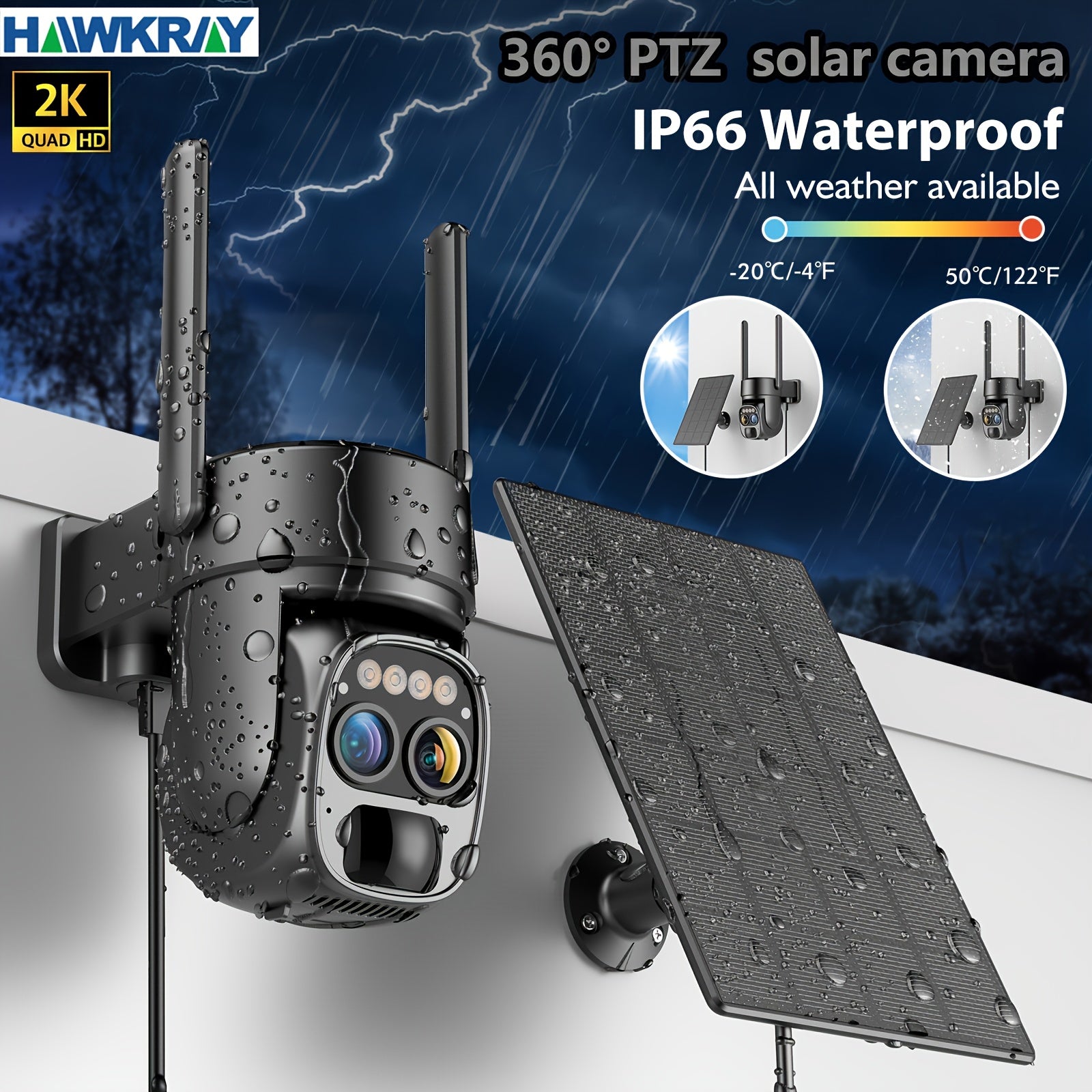 Hawkray [10x Zoom] 360-degree Low-power Cctv Solar Panel Battery 2K FHD WiFi Camrea With Spotlight Alarm, Motion Detection, Color Night Vision, Two-way Audio And