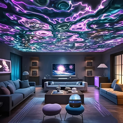 1pc Water Ripple Effect Atmosphere Projector Lamp - USB-C &amp; Battery Powered LED Starry Sky Lighting with Remote Control, Color Changing Ambient Mood Light for Bedroom, Living Room, Holiday Gift, Sunset Lamp Projector