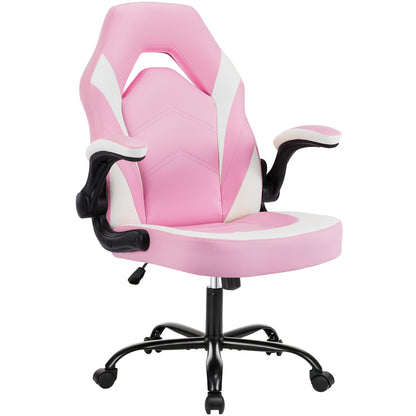 Ergonomic Computer Gaming Chair, Home Office Desk Chair with Faux Leather Lumbar Support, Height Adjustable Gaming Chair, Big and Tall Video Game with Flip-up Armrest, Swivel Wheels for Adults and Teens