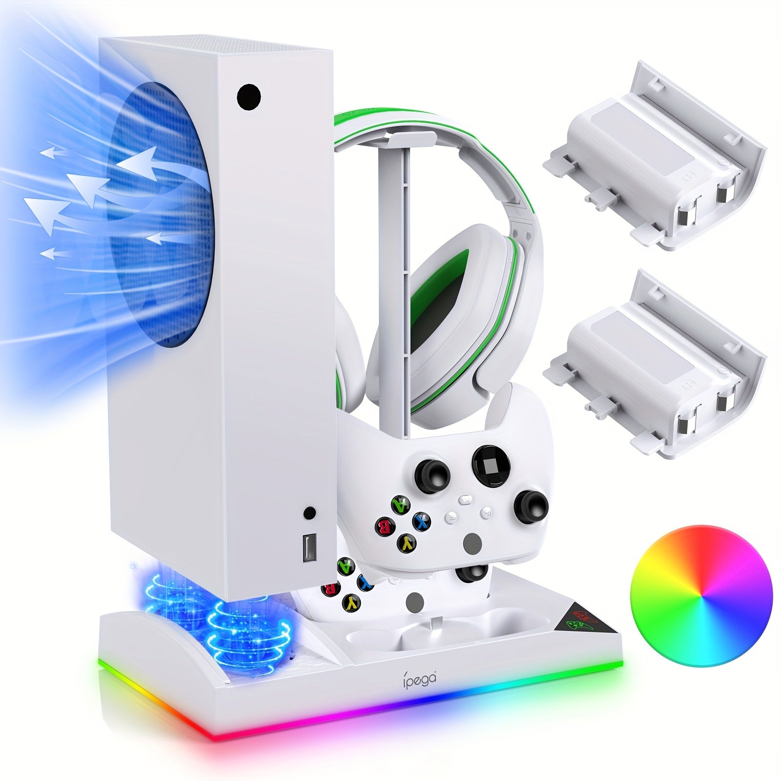 Upgrade RGB Cooling Fan Stand for Xbox Series S Console - 15 Colorful Lights, Dual Controller Charging Station &amp; Cooler Base System - For Xbox Series S - With 2 * 1400mAh Rechargeable Battery - Perfect Gift for Gamers
