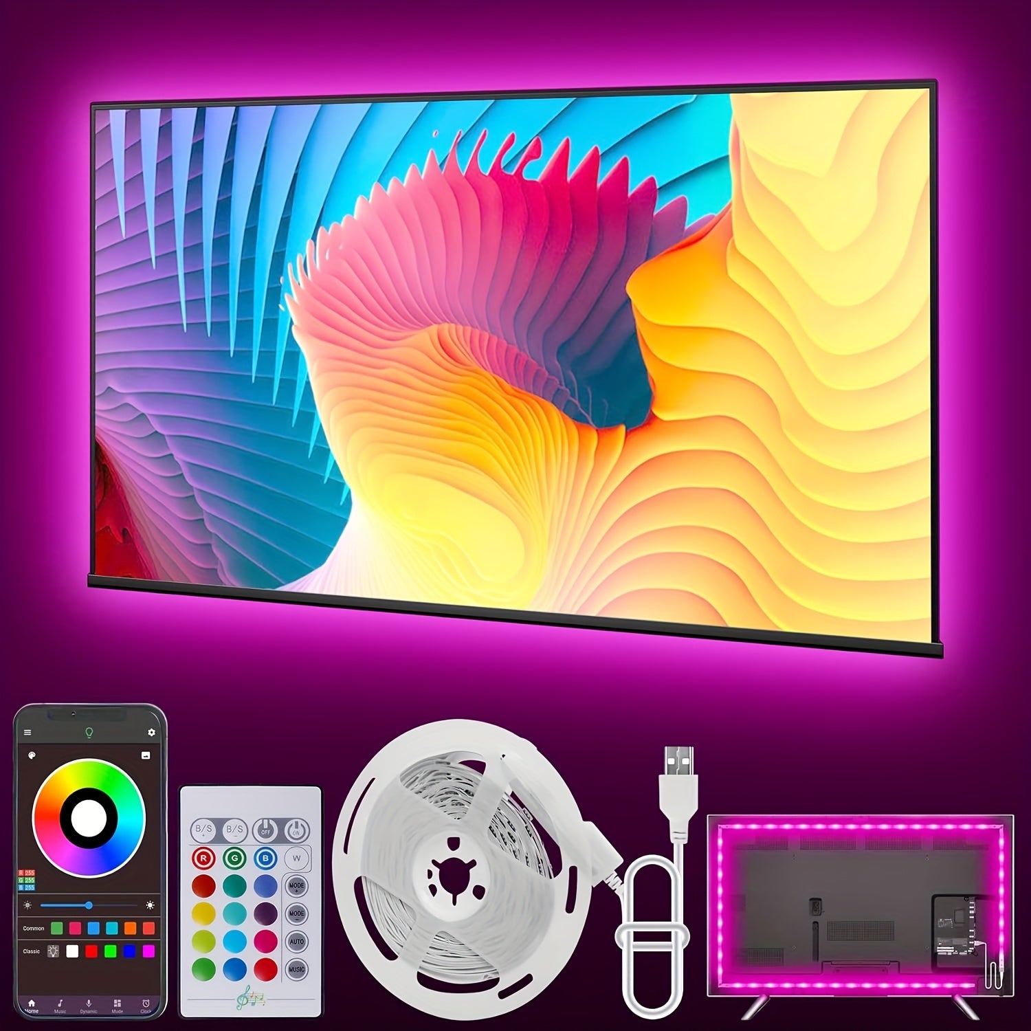 HBOWMDJIA Smart LED Strip Lights with Music Sync RGB Color Changing, App &amp; Remote Control, USB-Powered RGB LED Lights for TV Backlight, Home Theater, Party Decorations - Compatible with Alexa/Google Assistant, Easyinstall Str