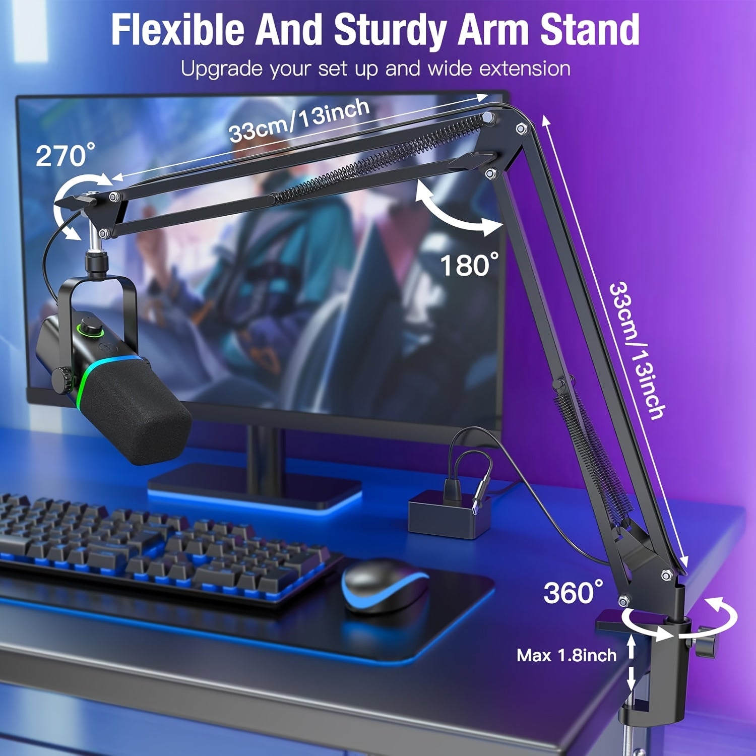 ZealSound XLR/USB Dynamic Microphone for Gaming &amp; Podcasting – Black with RGB Light, Mute Button, Mic Gain Control, Headphones Jack, Boom Arm Stand, 8 Pin Adapter Included – Perfect for Streaming, Singing, Video Conferencing