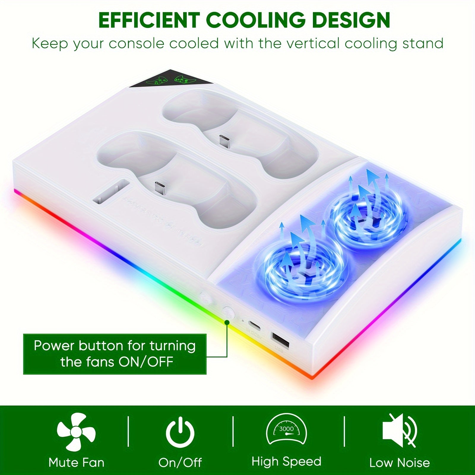 Upgrade RGB Cooling Fan Stand for Xbox Series S Console - 15 Colorful Lights, Dual Controller Charging Station &amp; Cooler Base System - For Xbox Series S - With 2 * 1400mAh Rechargeable Battery - Perfect Gift for Gamers