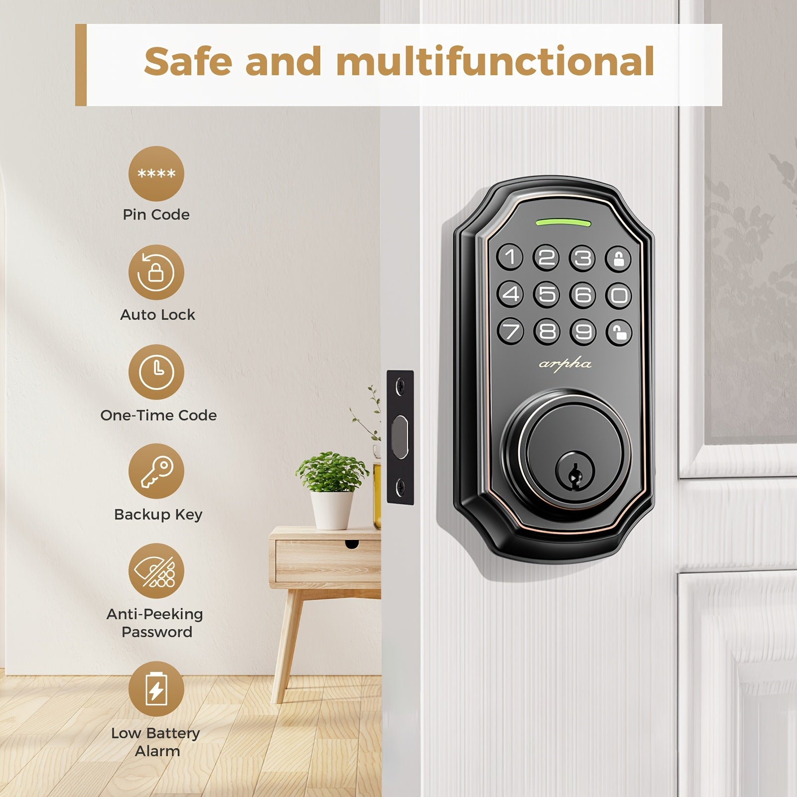 Arpha Smart Keyless Entry Door Lock - 100 Code Anti-Peek Combination, Auto Lock/Unlock, Easy Installation, Black &amp; Orange, Low Battery Alarm, for Secure Home Access, Anti-Peeking, Smart Door Lock, One Touch Lock, Strong and H